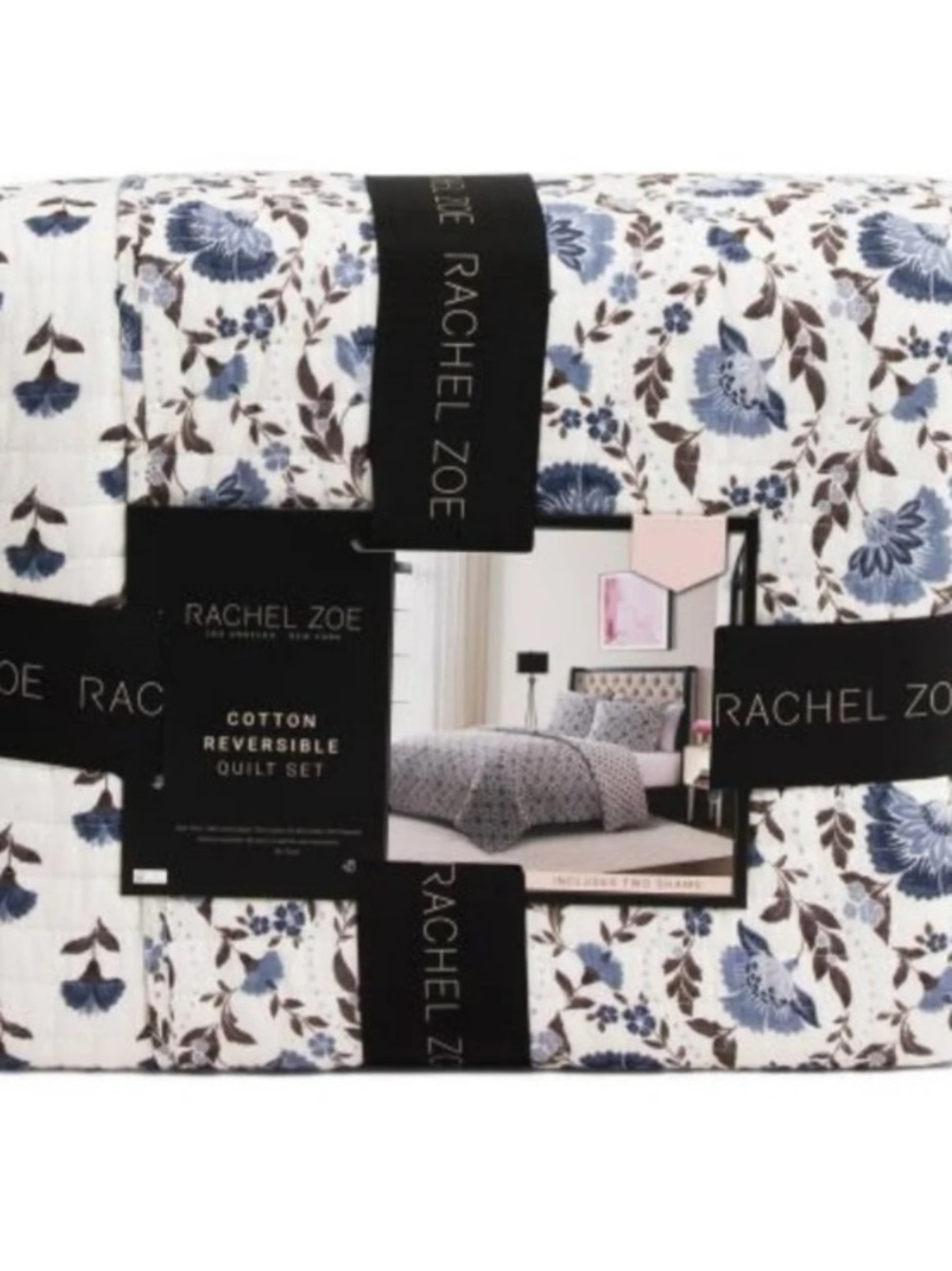 Rachel Zoe Blue, White and Brown Floral Cotton Reversible Quilt